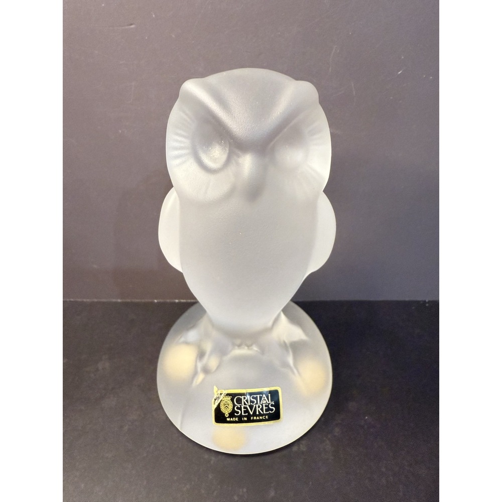 Cristal De Sevres -Frosted Crystal Owl Signed Figurine Bird -Made in France